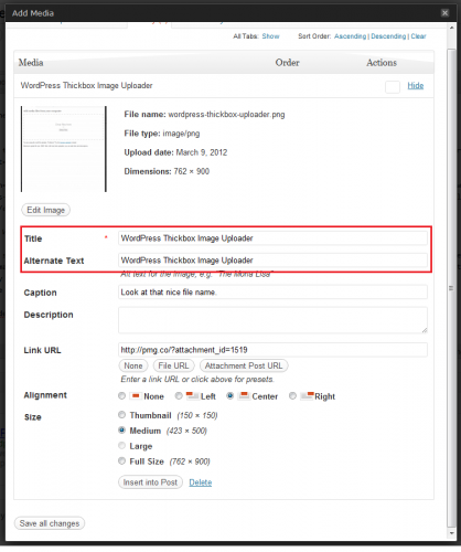 WordPress Image Uploader Alt &amp; Title Fields