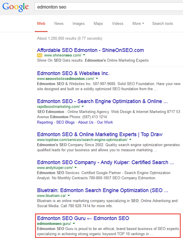 seo.guru - a .guru gTLD ranking in the top 10 on Google