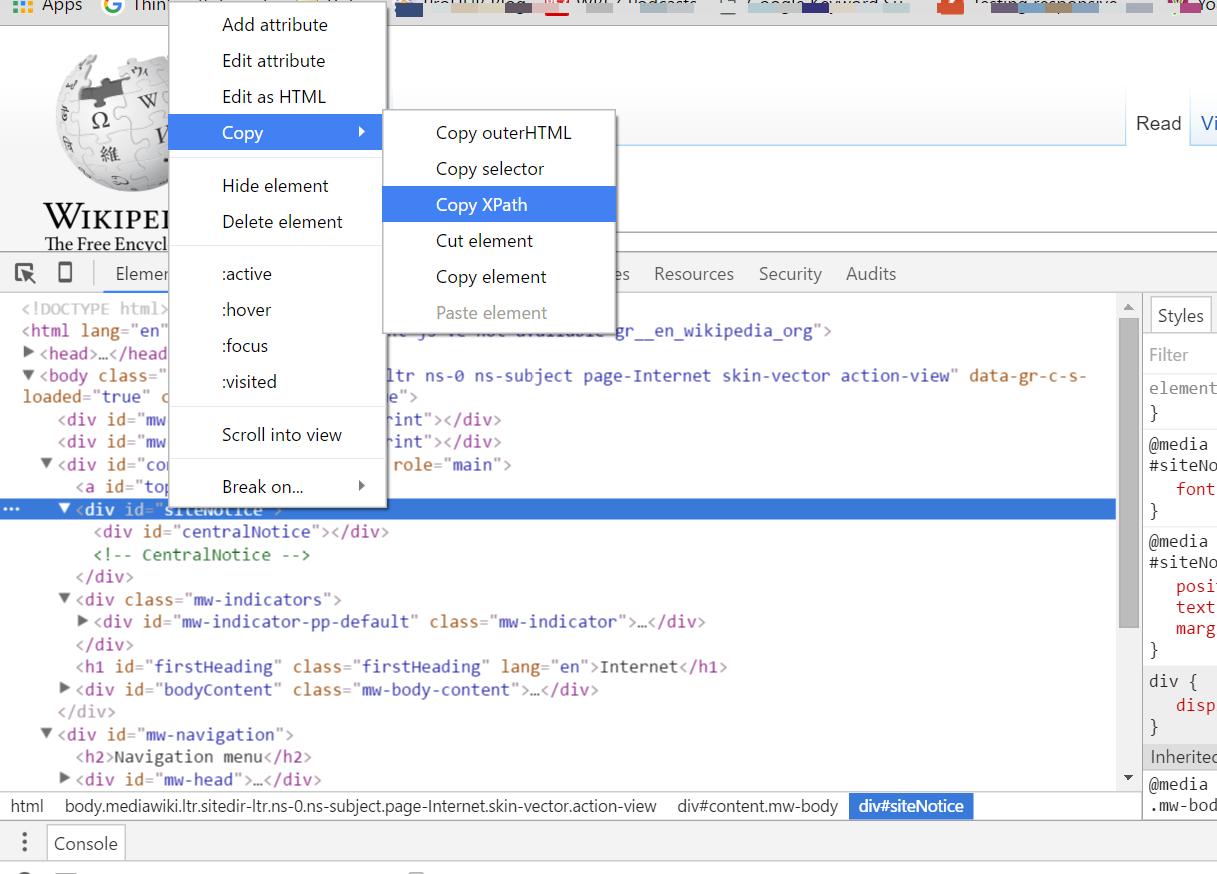 copy xpath in chrome